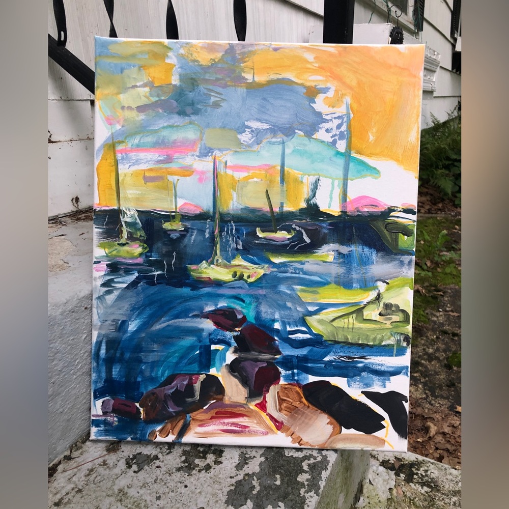 Original landscape seascape painting Camden Maine sea coast harbor acrylic paint - Picture 2 of 2